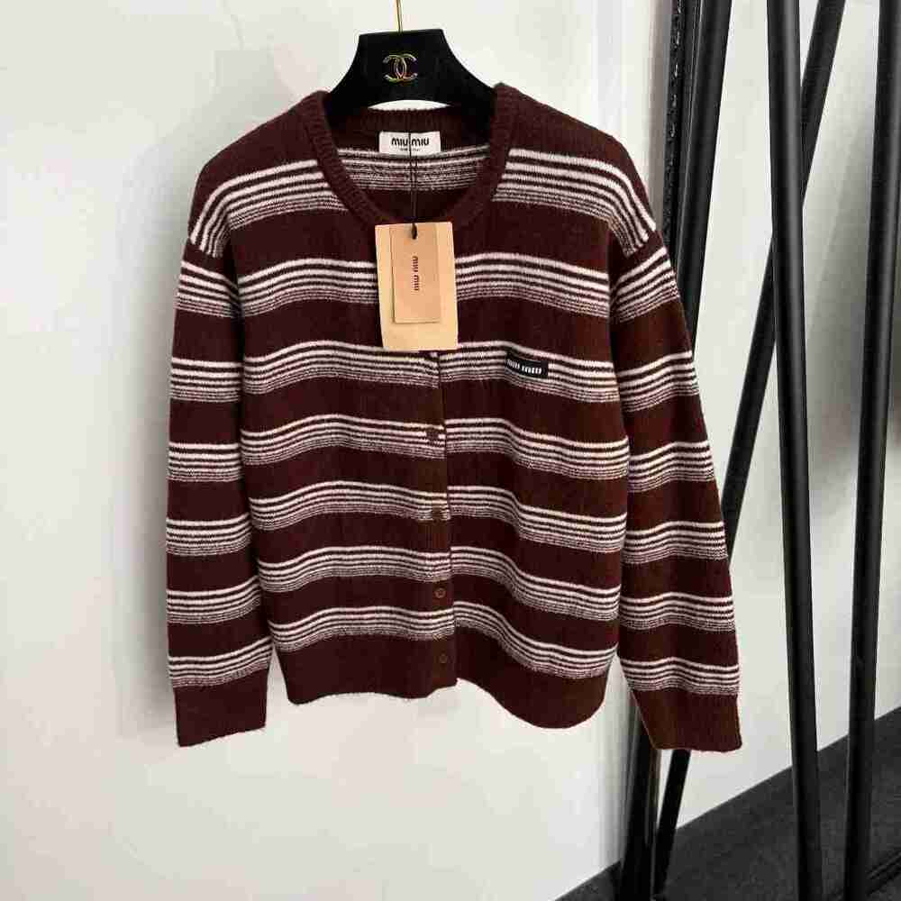 Miu Miu Brown White Stripe Knit Cardigan